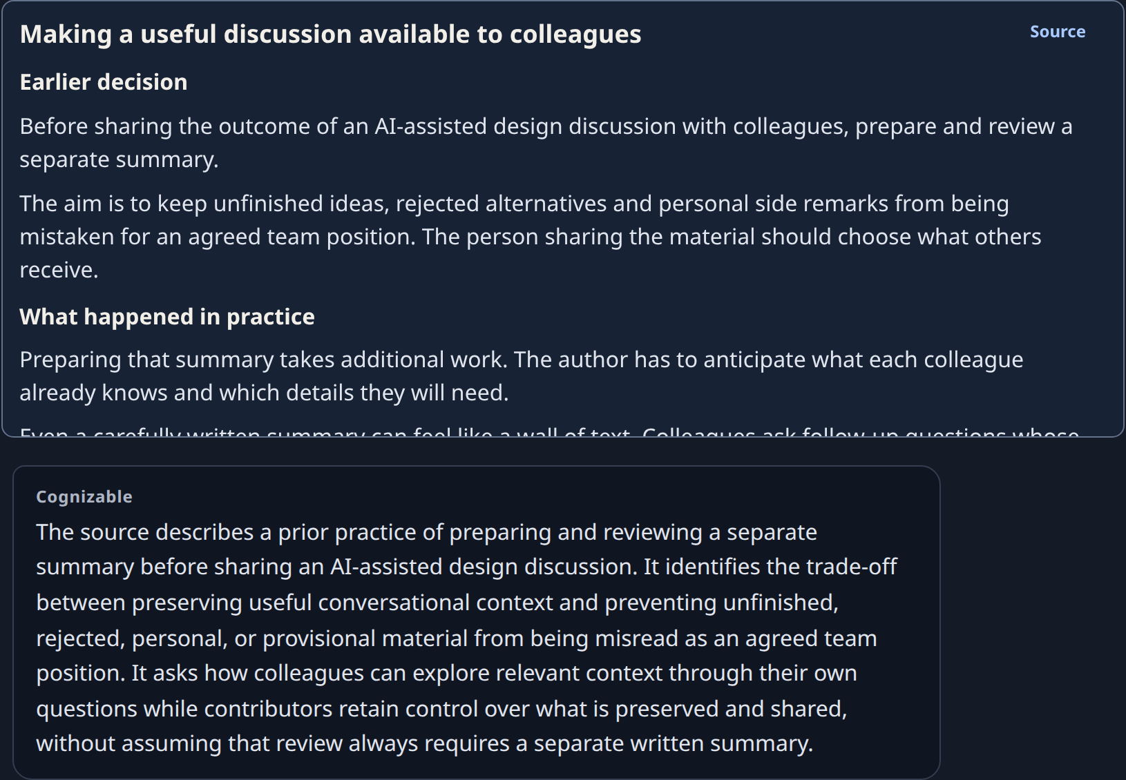 Labelled Source panel with the earlier decision and extra work, followed by the opening inspection paragraph.