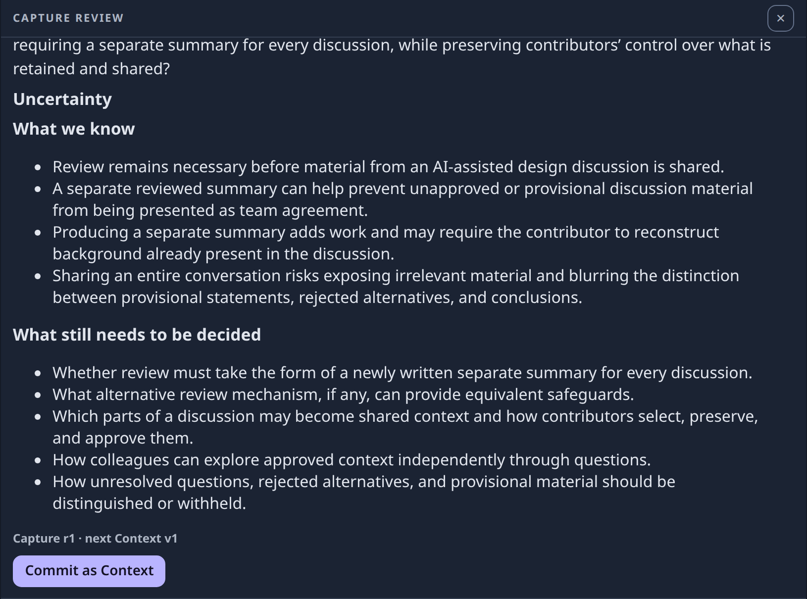 Pending Capture Review with the question beginning naturally clipped, known and open distinctions, Capture r1, and enabled Commit as Context.